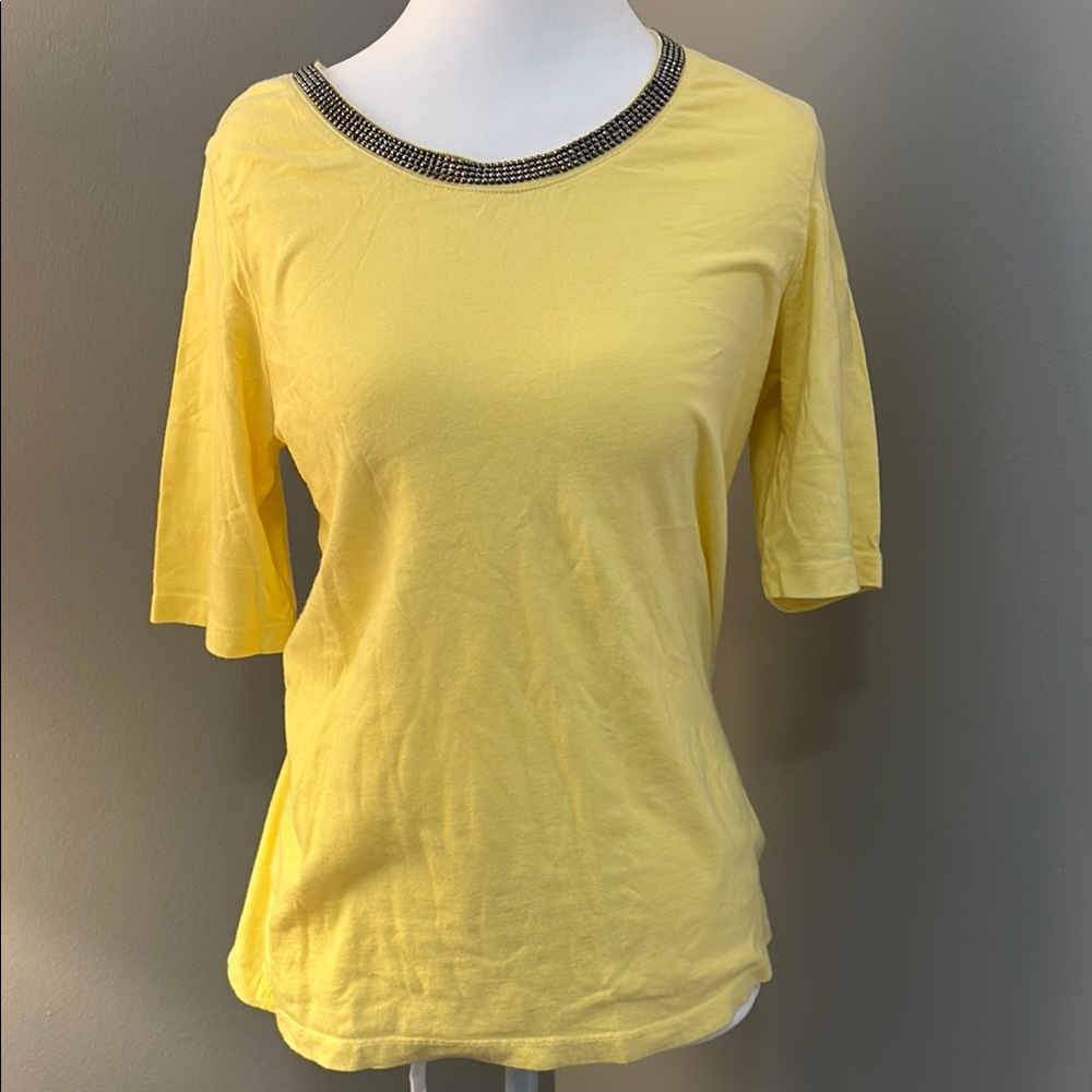Christopher & Banks Fitted Yellow 3/4 Sleeve Tee with Beaded Collar